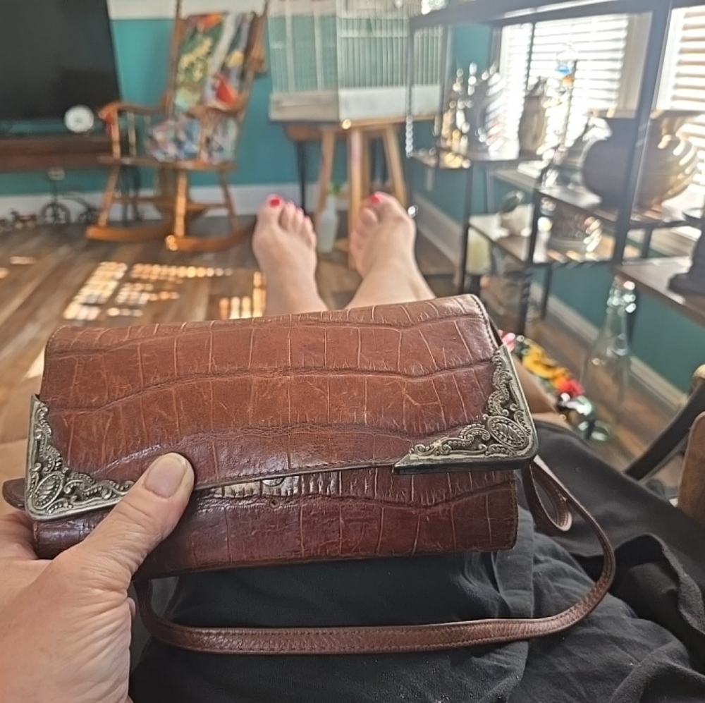 Brighton BROWN Crocodile-Embossed Clutch with Silver Details